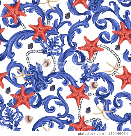 Seamless pattern with baroque elements, rope, sea stars. Vector. Seamless pattern with baroque elements, rope, sea stars. Vector. 123449054
