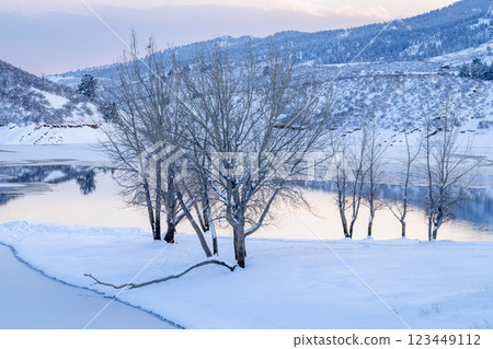 partially frozen Horsetooth Reservoir in Colorado foothills at dusk 123449112