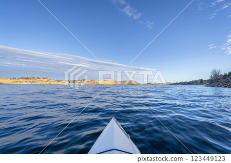winter sunset kayaking or canoeing on Horsetooth Reservoir near Fort Collins, Colorado - POV paddler perspective winter sunset kayaking or canoeing on Horsetooth Reservoir near Fort Collins, Colorado - POV paddler perspective 123449123