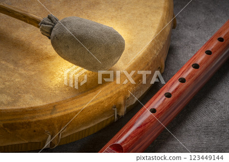 native American style flute handcrafted from aromatic cedar wood and shaman drum with a beater native American style flute handcrafted from aromatic cedar wood and shaman drum with a beater 123449144