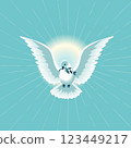 Holy Spirit Dove with olive branch vector poster. Christian holiday Pentecost Trinity Sunday concept. Church sacrament hope belief symbol. Biblical flying spiritual dove religion greeting illustration 123449217
