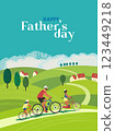 Happy Fathers Day family fun activity vector poster. Dad and kids, daughter, son ride bikes in countryside background. Parent, children enjoy leisure time together. Fathers Day Adventure illustration 123449218