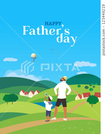 Happy father and son enjoy balloon flying. Fathers day poster. Family leisure activity on nature. Dad, kid boy together escape adventure. Holiday celebration memories background vector illustration 123449219