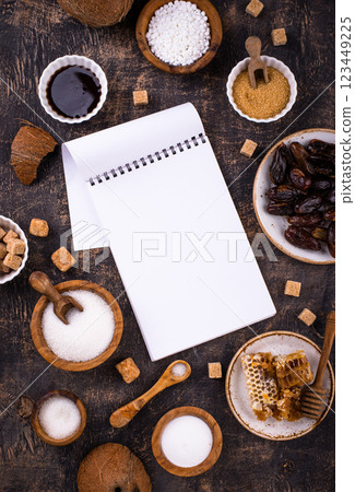 Various sugar replacement, healthy sweetener concept Various sugar replacement, healthy sweetener concept 123449225