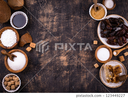 Various sugar replacement, healthy sweetener concept Various sugar replacement, healthy sweetener concept 123449227