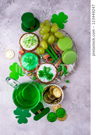 St. Patricks Day party food, green beer and shamrock St. Patricks Day party food, green beer and shamrock 123449247