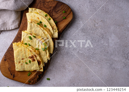 Quesadilla with chicken, tortilla wrap Quesadilla with chicken, tortilla wrap 123449254