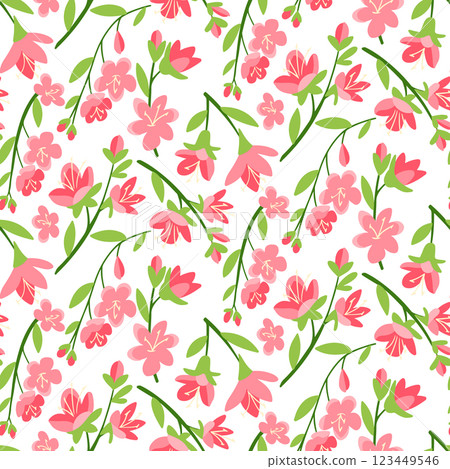 Seamless floral pattern with pink cherry blossoms 123449546