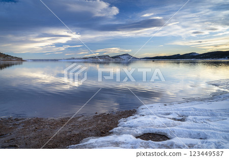 winter dusk over calm Carter Lake in northern Colorado at foothills of Rocky Mountains 123449587