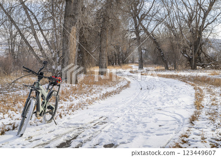 winter scenery on Poudre River Trail in northern Colorado with a touring electric bike 123449607