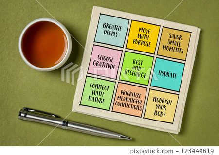 advice for wellbeing - set of inspirational notes with tips and guidelines on a npkin with tea 123449619