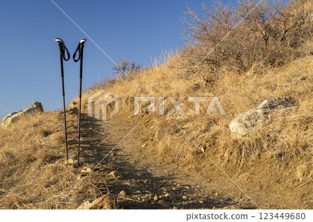 pair of trekking poles at hiking trail in Colorado foothills pair of trekking poles at hiking trail in Colorado foothills 123449680