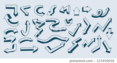linear Directional Arrows Doodles. Lines Sign Directions Right Left Down Curved Backward Set. Isolated Vector Hand Drawn 3D pointer in various directions. Concept cursor symbols for design projects 123450038