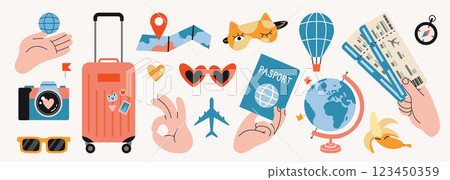 Hands gestures and travel themed items like suitcase, tickets, map and sunglasses. Tourism and vacation planning concept. Trendy modern vector illustration, hand drawn, flat design Hands gestures and travel themed items like suitcase, tickets, map and sunglasses. Tourism and vacation planning concept. Trendy modern vector illustration, hand drawn, flat design 123450359
