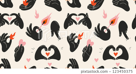 Seamless pattern with black Hands gestures, flames, match and heart. Love, passion and creativity concept. Trendy modern vector illustration on light background, hand drawn, flat design Seamless pattern with black Hands gestures, flames, match and heart. Love, passion and creativity concept. Trendy modern vector illustration on light background, hand drawn, flat design 123450375