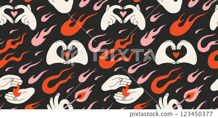 Seamless pattern with flames and Hands gestures making Heart shape or holding fire. Love and passion concept in y2k aesthetic. Trendy modern vector illustration on black background, hand drawn, flat 123450377