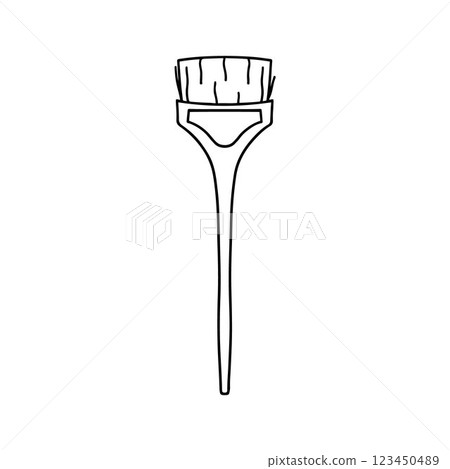 Hand drawn hair brush of hair care products isolated on white background. Hairdresser doodle plastic brush for hair dye. Scribble adults and kids coloring page. Thin line art icon for design and decor 123450489