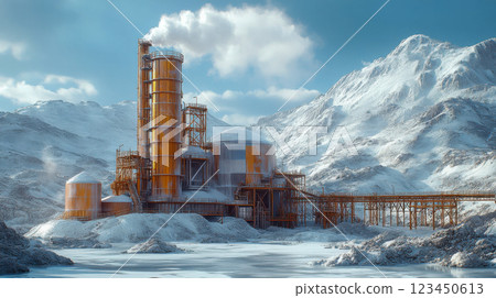 Industrial mining facility in a snowy mountain landscape, featuring tall storage silos and smokestacks 123450613