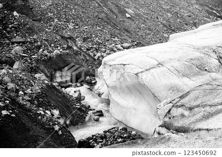 Snow and rock edge of the Athabasca Glacier in Jasper National Park where meltwater flows off the ice Snow and rock edge of the Athabasca Glacier in Jasper National Park where meltwater flows off the ice 123450692