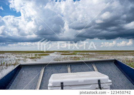 View from inside the front of an airboat in the everglades of Florida with grass and wetland swamp in the background 123450742