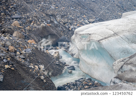 Snow and rock edge of the Athabasca Glacier in Jasper National Park where meltwater flows off the ice Snow and rock edge of the Athabasca Glacier in Jasper National Park where meltwater flows off the ice 123450762