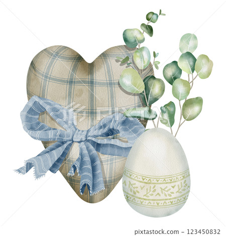 Handmade textile heart, eucalyptus branch, easter egg and blue bow. Suitable for craft, DIY and handmade business design, greeting cards, blog illustrations, vintage decorations or toy store marketing Handmade textile heart, eucalyptus branch, easter egg and blue bow. Suitable for craft, DIY and handmade business design, greeting cards, blog illustrations, vintage decorations or toy store marketing 123450832