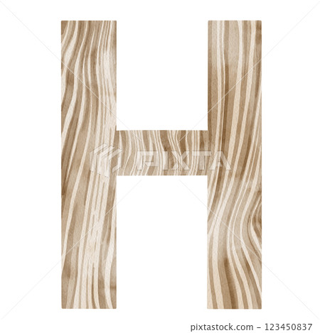 "H" Letter. Watercolor alphabet with wooden texture. Natural font for decorations, postcards, invitations. Perfect for scrapbooking, printing, education, services related to furniture or woodworking. "H" Letter. Watercolor alphabet with wooden texture. Natural font for decorations, postcards, invitations. Perfect for scrapbooking, printing, education, services related to furniture or woodworking. 123450837