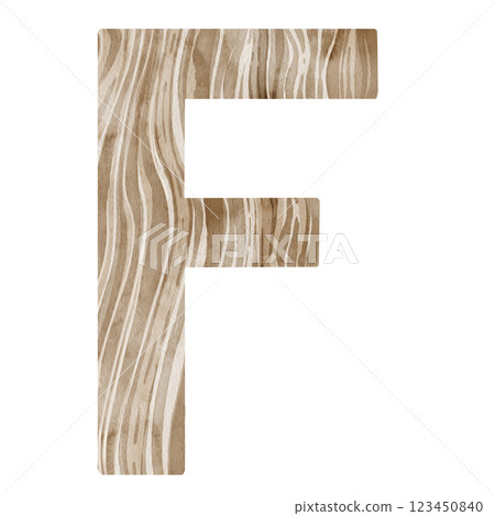 "F" Letter. Watercolor alphabet with wooden texture. Natural font for decorations, postcards, invitations. Perfect for scrapbooking, printing, education, services related to furniture or woodworking. "F" Letter. Watercolor alphabet with wooden texture. Natural font for decorations, postcards, invitations. Perfect for scrapbooking, printing, education, services related to furniture or woodworking. 123450840