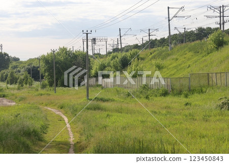 countryside dirt road in to the forest. green nature landscape in summer.  123450843