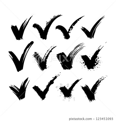 A set of hand-drawn check marks created with rough brush strokes. The expressive, grunge style adds a dynamic and raw touch, perfect for creative and artistic designs. 123451093