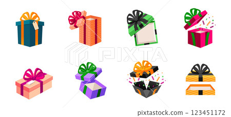 Set of Colourful Gift Boxes with Bows, Various Sizes and Angles, Flat Design Illustration 123451172