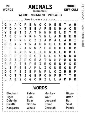Exciting and Challenging 15x15 Animal Word Search Puzzle Featuring Mammals A Perfect Brain Teaser for Kids, Teens, and Adults to Test Their Skills and Enhance Their Vocabulary 123451217