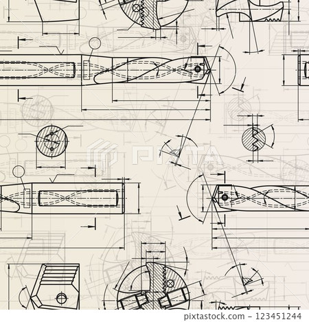 Mechanical engineering drawings on sepia background. Drill tools, borer. Technical Design. Cover. Blueprint. Vector illustration. Seamless pattern. 123451244
