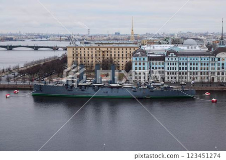 A Historic Warship Beautifully Moored in Saint Petersburgs Picturesque Neva River 123451274