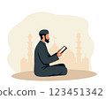 Illustration of a Muslim man reading the Quran in front of a mosque. Represents spirituality, Islamic faith, prayer, devotion, and religious practice, perfect for Ramadan, Islamic holidays, and religi 123451342