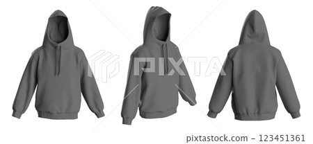 Blank grey men's hoodie mockup, 3d rendering.  123451361