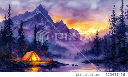 A serene watercolor painting of a glowing tent nestled in a mountain campsite at twilight. 123451436