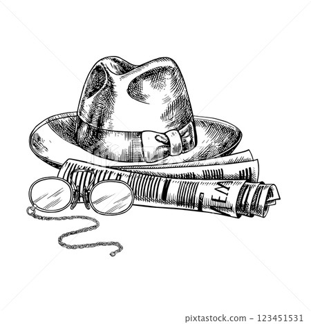 A man s hat, newspaper, glasses and cufflinks. A hand-drawn vector graphic illustration. Black and white image with a men s theme. For postcards, banners and flyers for All Men s Day and Father s Day. A man s hat, newspaper, glasses and cufflinks. A hand-drawn vector graphic illustration. Black and white image with a men s theme. For postcards, banners and flyers for All Men s Day and Father s Day. 123451531