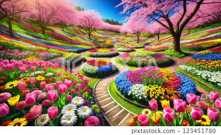 春天裡的花田和櫻花，如夢似幻的風景 123451780