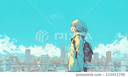 Young woman gazing at the sky in the city 123451790
