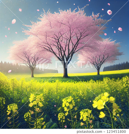 A spectacular spring view of rows of cherry blossom trees and rapeseed fields 123451800