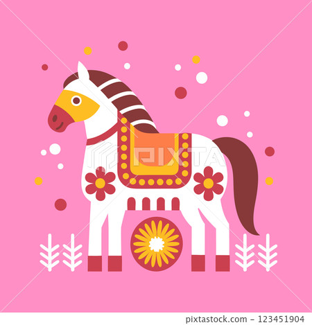 Cute horse in nature with flowers on pink background. Horse illustration in folk art style. Pop art illustration. Cute horse in nature with flowers on pink background. Horse illustration in folk art style. Pop art illustration. 123451904