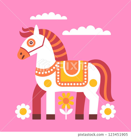 Cute horse in nature with flowers on pink background. Horse illustration in folk art style. Pop art illustration. Cute horse in nature with flowers on pink background. Horse illustration in folk art style. Pop art illustration. 123451905