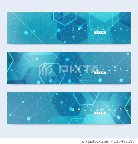 Scientific set of modern vector banners. DNA molecule structure with connected lines and dots. Science vector background. Medical, tecnology, chemistry design. 123452195