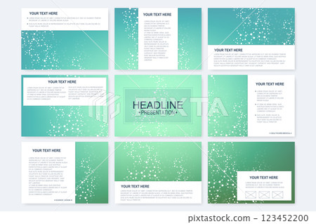 Big set of vector templates for presentation slides. Modern graphic background structure molecule and communication. Scientific pattern atom DNA. Medical, science, chemistry design. 123452200