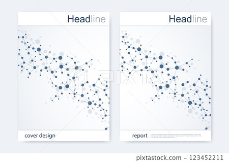 Scientific brochure design template. Vector flyer layout, Molecular structure with connected lines and dots. Scientific pattern atom DNA with elements for magazine, leaflet, cover, poster design. Scientific brochure design template. Vector flyer layout, Molecular structure with connected lines and dots. Scientific pattern atom DNA with elements for magazine, leaflet, cover, poster design. 123452211