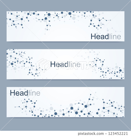 Scientific set of modern vector banners. DNA molecule structure with connected lines and dots. Science vector background. Medical, tecnology, chemistry design. Scientific set of modern vector banners. DNA molecule structure with connected lines and dots. Science vector background. Medical, tecnology, chemistry design. 123452221