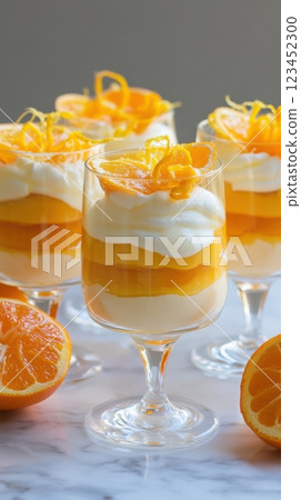 Silky orange mousse with cream and fresh orange slices in a tall goblet. Bright citrus contrasts with airy cream, elegantly garnished with zest curls 123452300