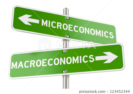 Microeconomics or Macroeconomics directions. Opposite traffic sign, 3D rendering 123452344
