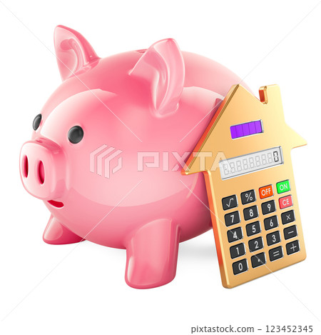 Mortgage and payment for house, savings concept. Piggy bank with house shaped calculator, 3D rendering 123452345